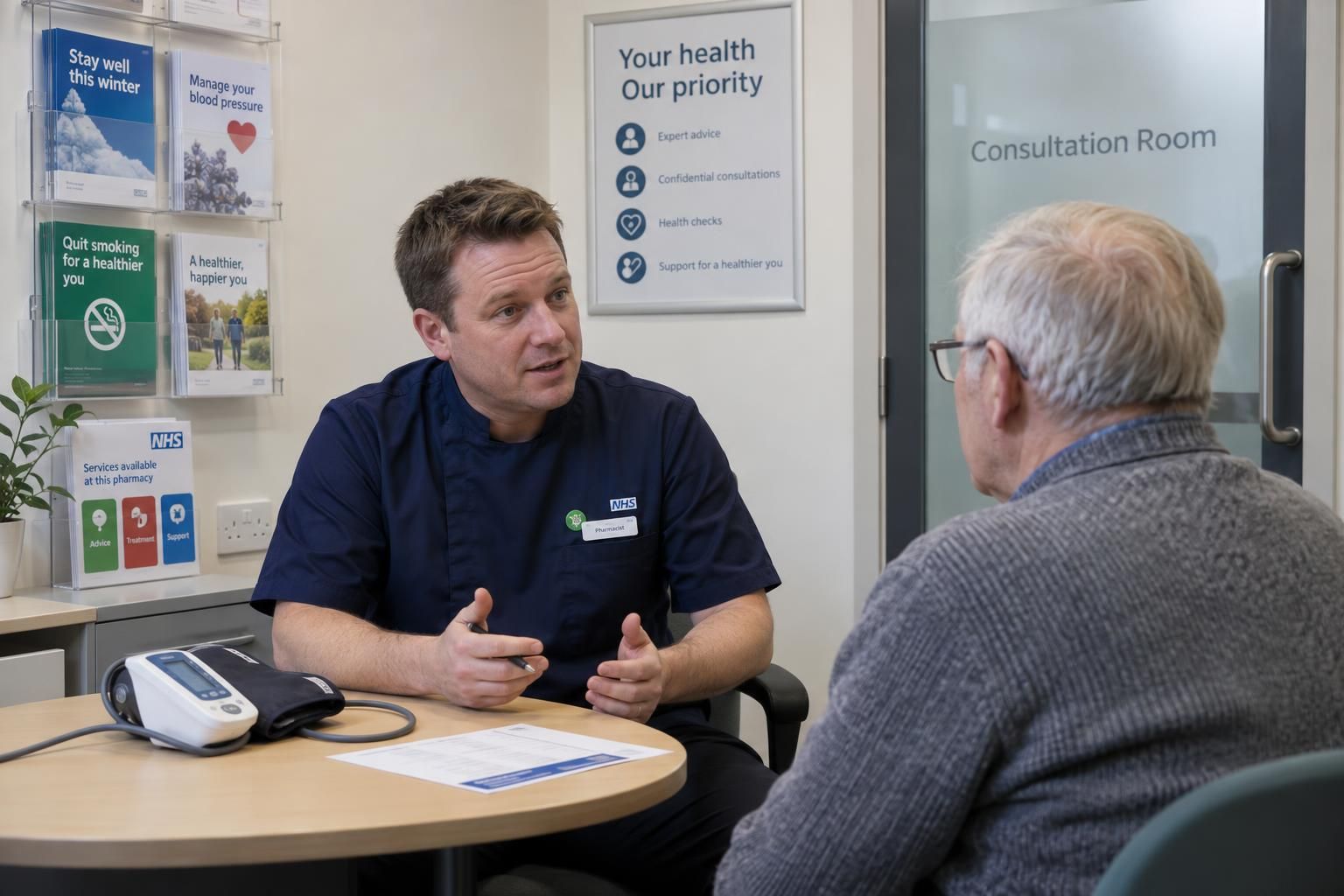 Independent pharmacist in a private UK community-pharmacy consultation room