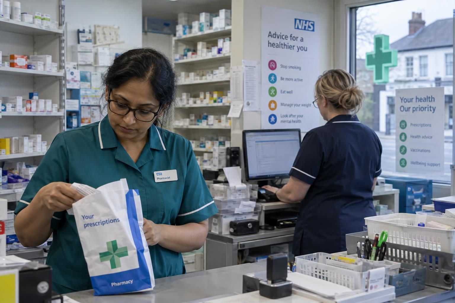 Pharmacists working behind the counter in a UK community pharmacy